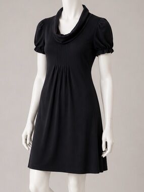 👗🏢 CALVIN KLEIN Black Cowl Neck Short Sleeve Pleated Bodice Jersey Dress, Sz M